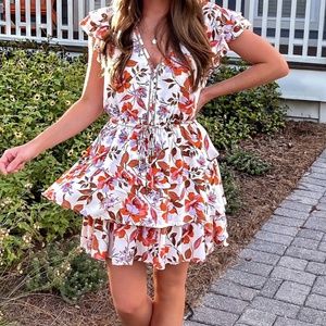 Floral Dress Ruffle Mini Tiered Tie Waist Small